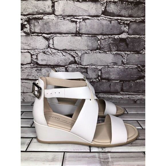 Ecco White Leather Ankle Cross Strap Open Toe Wedge Sandals Women Sz 38EU/7M US - Picture 1 of 16